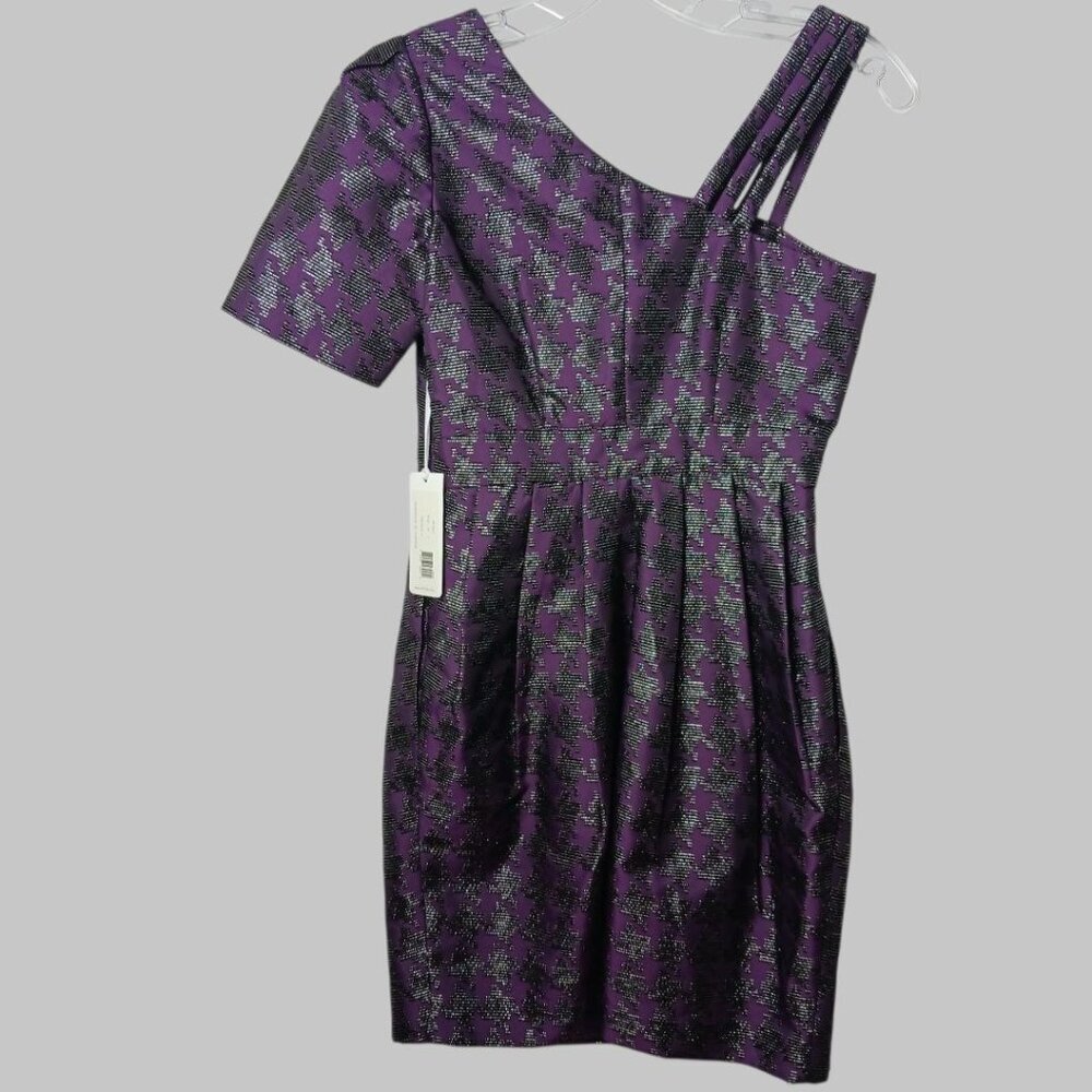 2B Rych One-Shoulder Plum Metallic Jacquard Mini Dress Polyester Blend Sz 0 - Picture 2 of 16